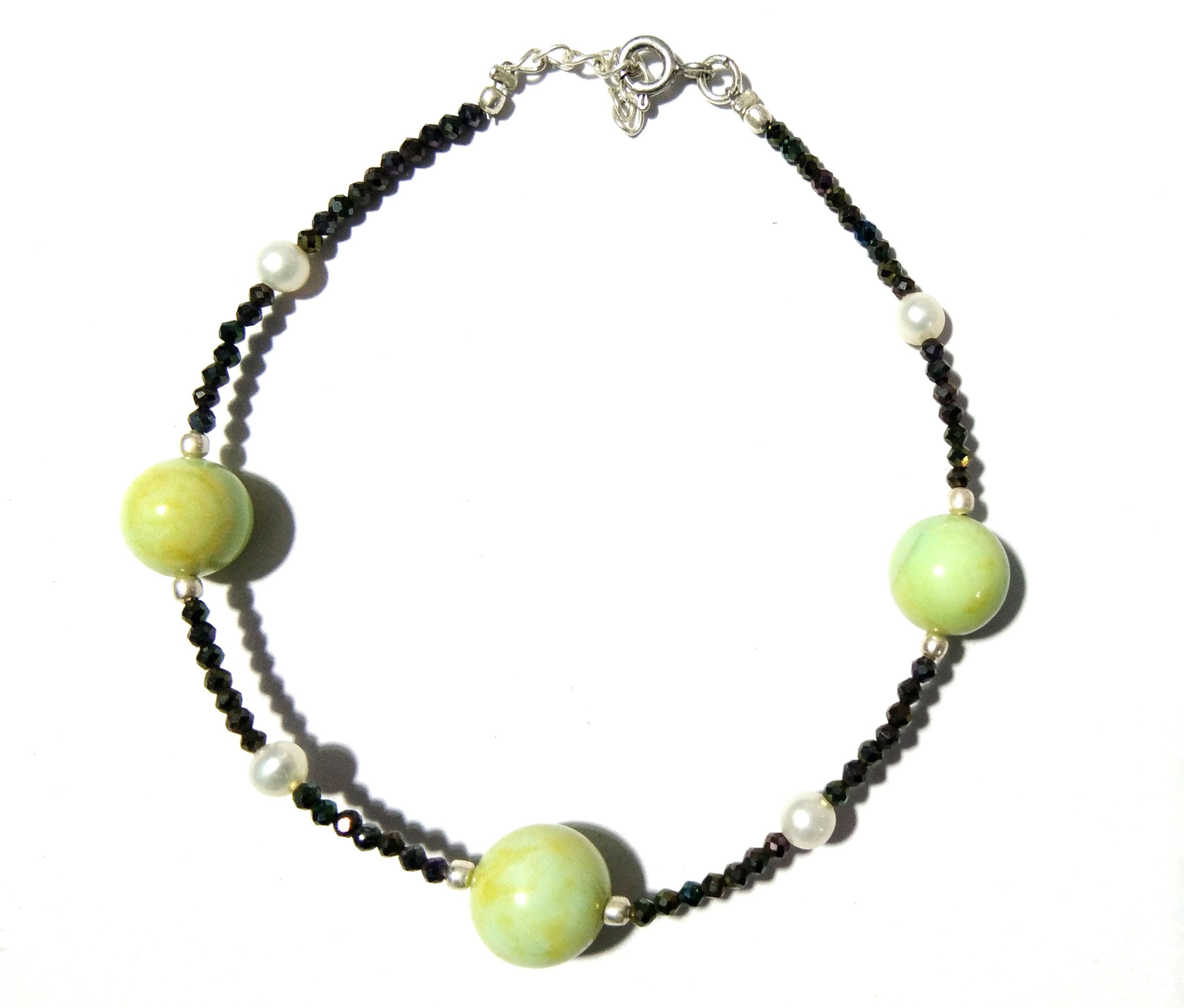 20% Off !!! Green Opal & Black Spinel With 925 Silver Bracelet, May August Birthstone, Healing Stone, Skinny Stacking Gemstone Bracelet Gift